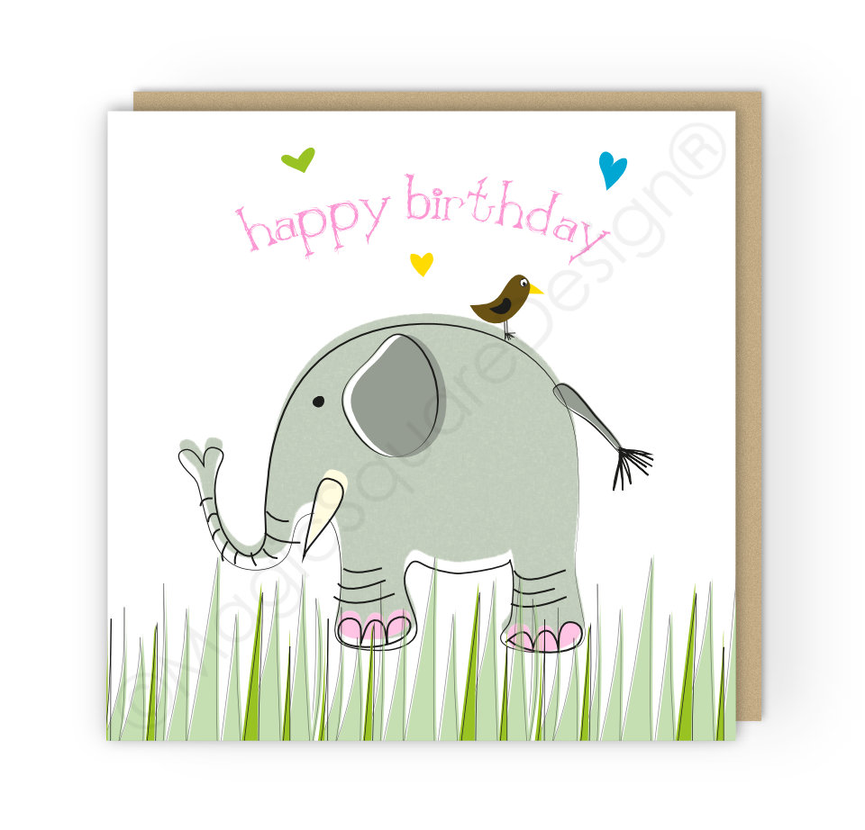 Elephant Happy Birthday Hearts Greetings Card